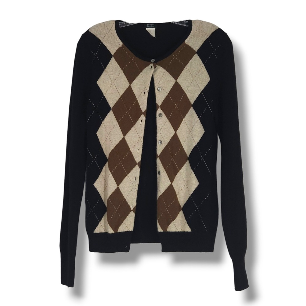 J.Crew 100% Cashmere Argyle Cardigan Button Front Crew Neck Black Brown Cream L